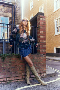 Sheryl May Green Collage Frill Sleeve Top