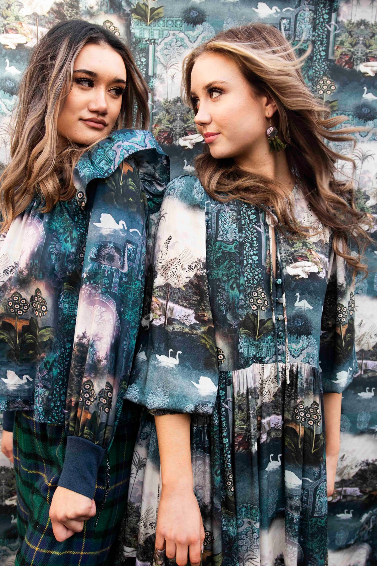 Sheryl May Green Collage Frill Sleeve Top