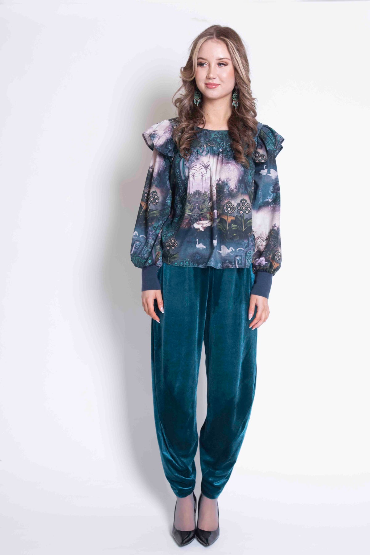 Sheryl May Green Collage Frill Sleeve Top