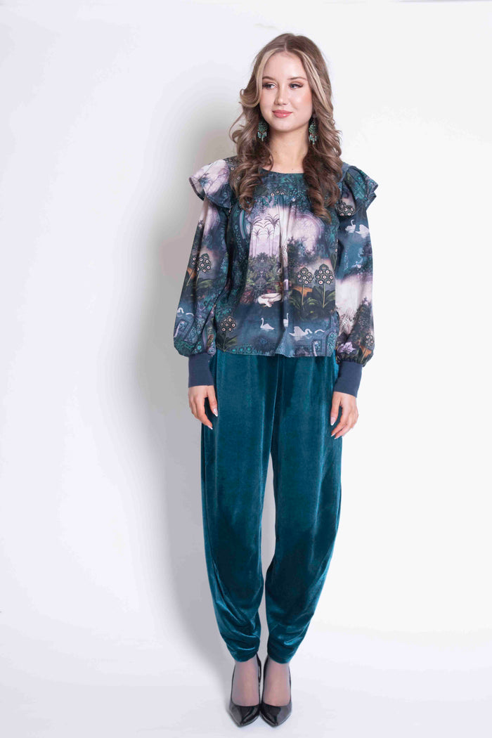 Sheryl May Green Collage Frill Sleeve Top