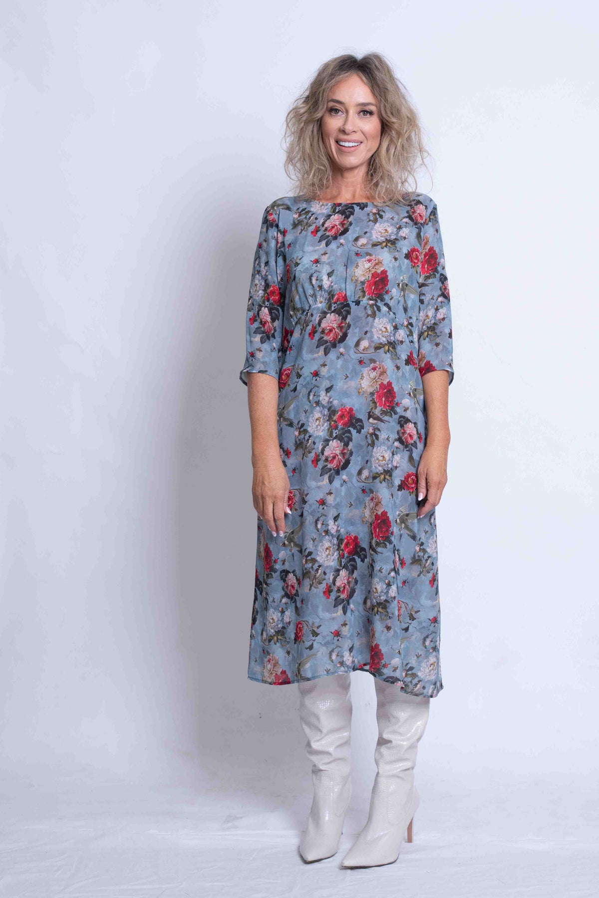 Sheryl May Dove Print Silk Gathered Shift Dress