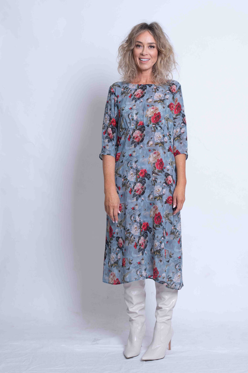 Sheryl May Dove Print Silk Gathered Shift Dress