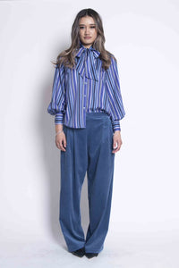 Sheryl May Blue Stripe Bow Blouse