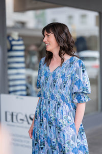 Sheryl May Blue Patch Shirred Dress