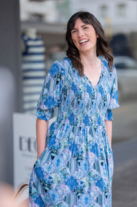 Sheryl May Blue Patch Shirred Dress