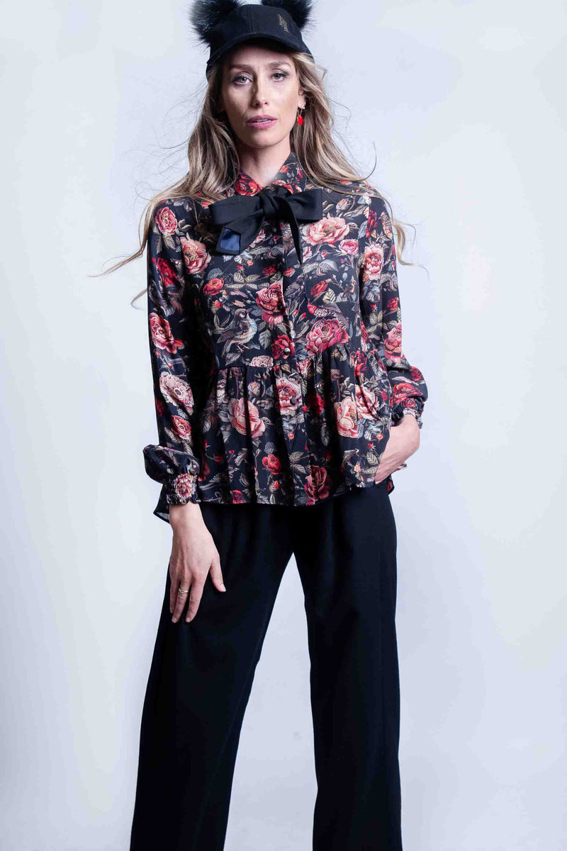 Sheryl May Rose Print Frill Blouse