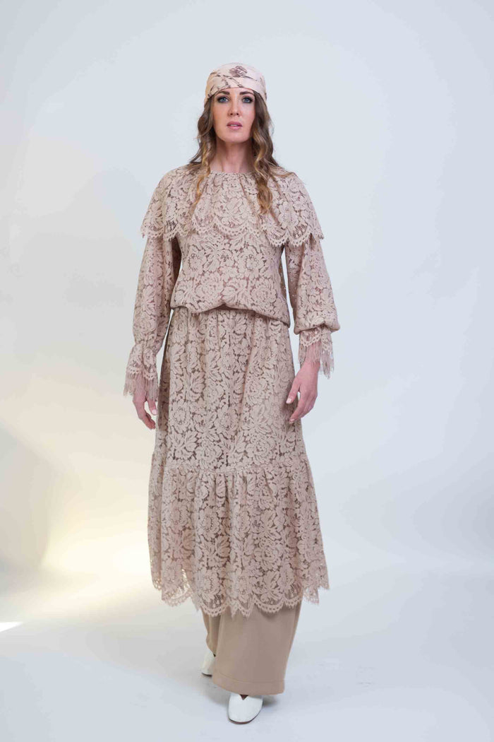 Sheryl May Sand Lace Frill Neck Top