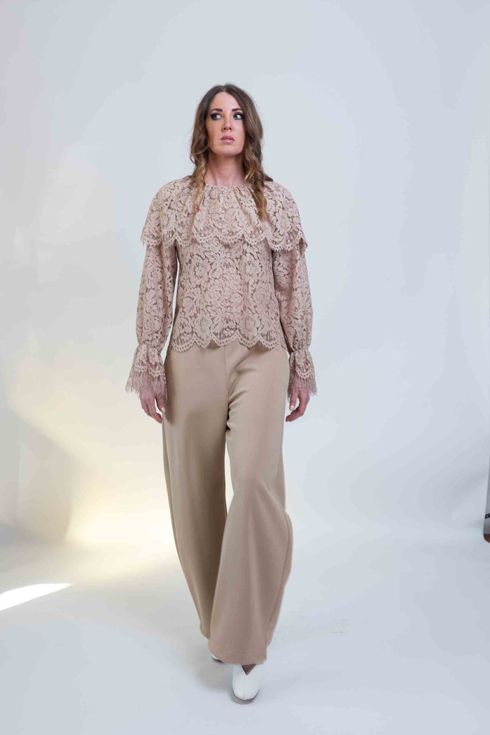 Sheryl May Sand Lace Frill Neck Top